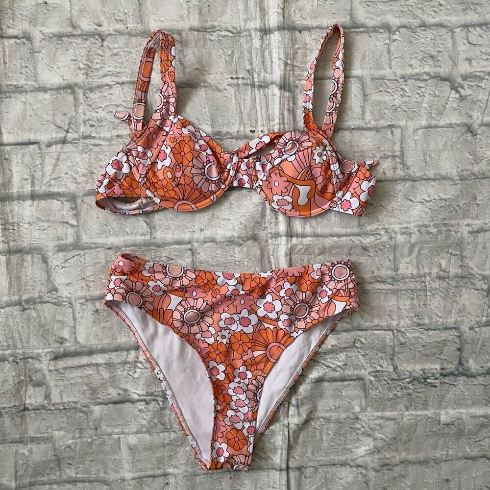 Women M 2 piece floral print hi leg bikini bottom & tie back top w/pads